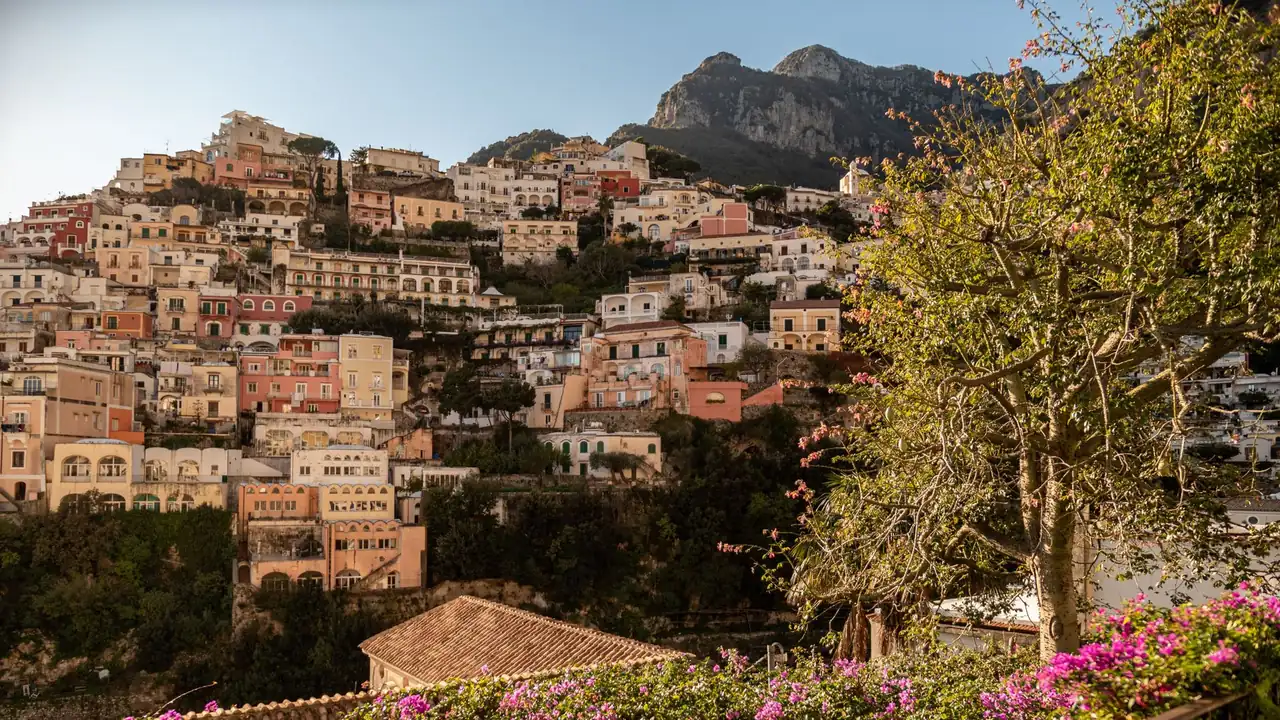 Colourful houses of Positano on the Amalfi Coast, Italy above the sea