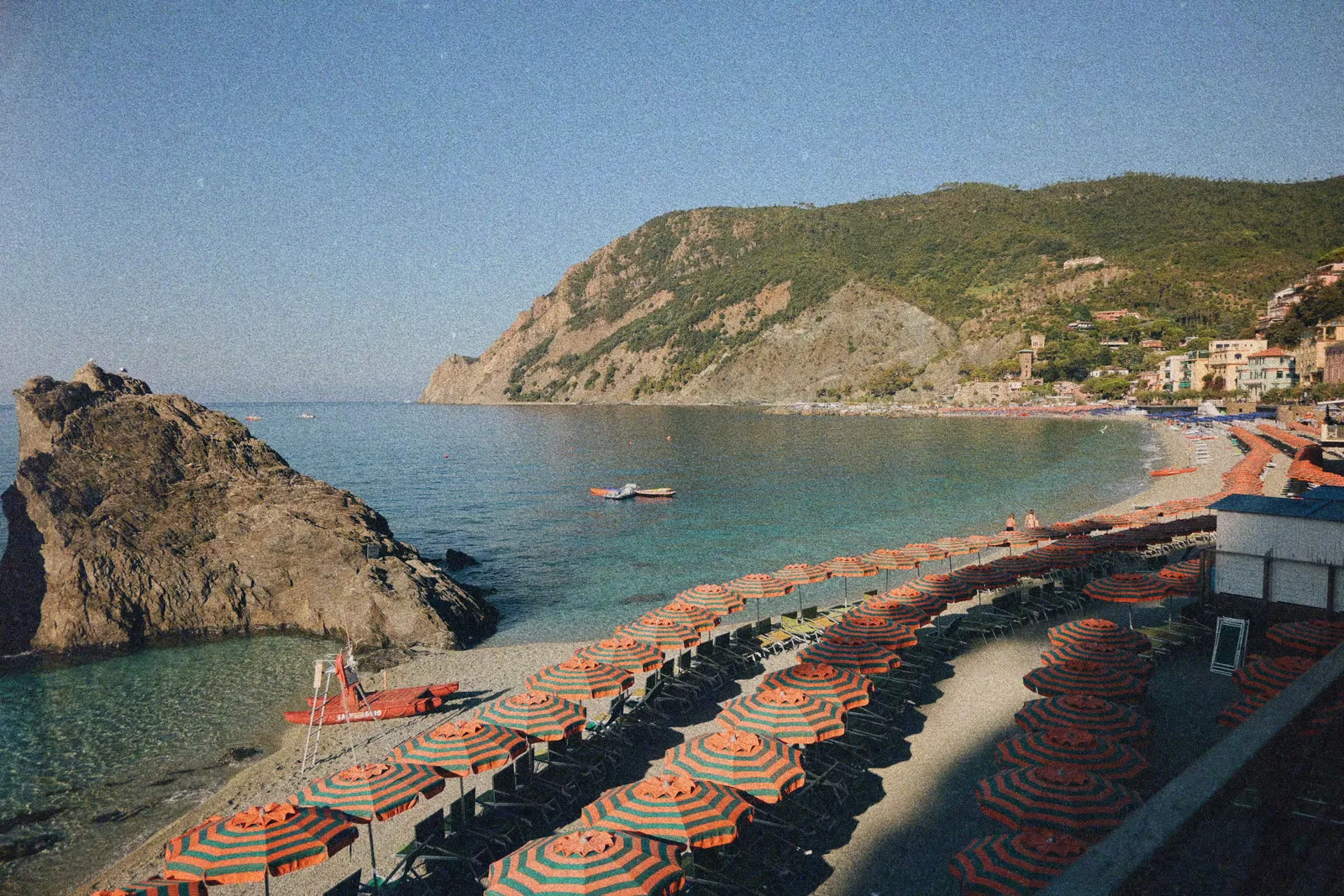 The sandy beach and waterfront of Monterosso al Mare in Cinque Terre, Italy