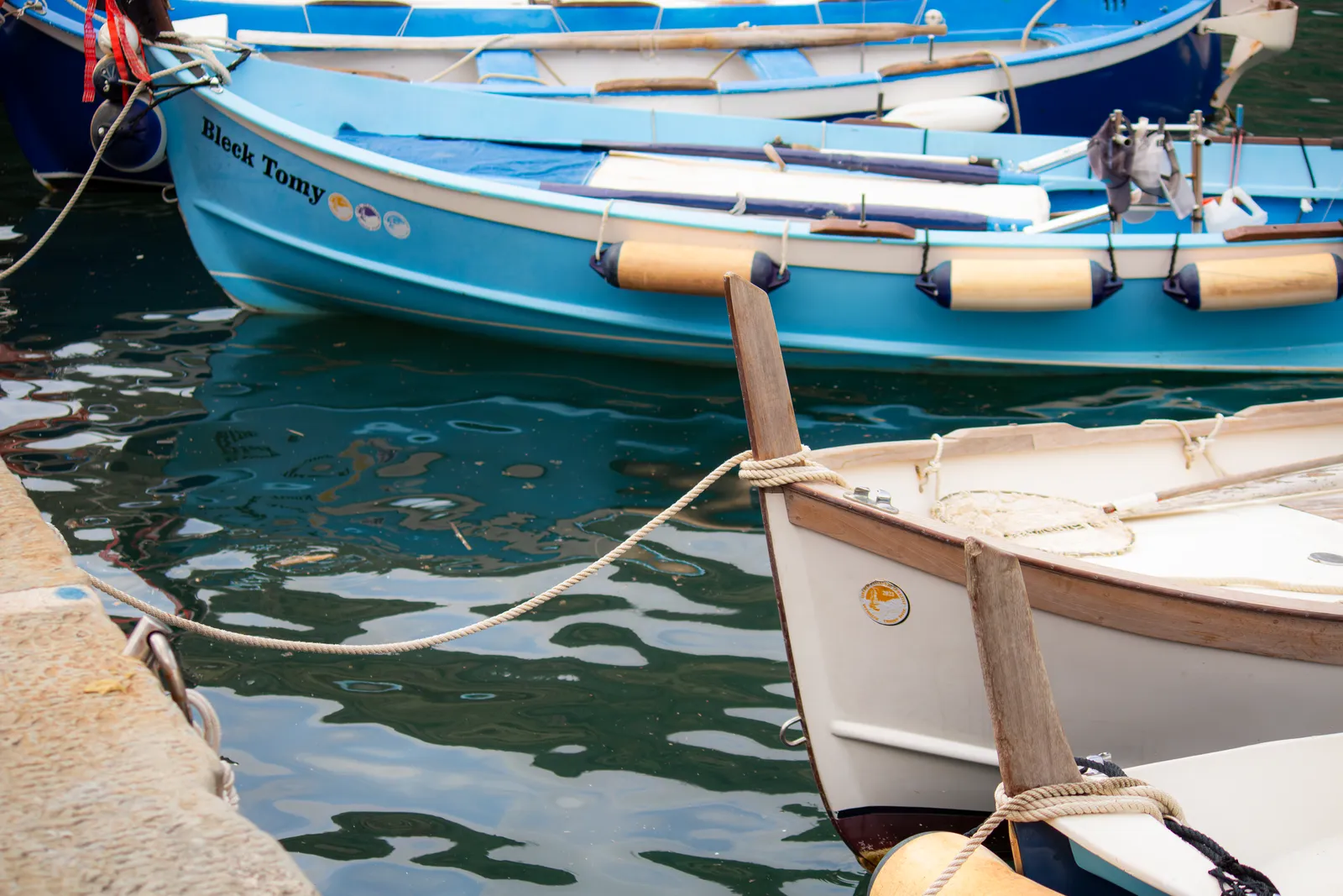 Colourful wooden boats in the harbour at Vernazza in the Cinque Terre, Italy
