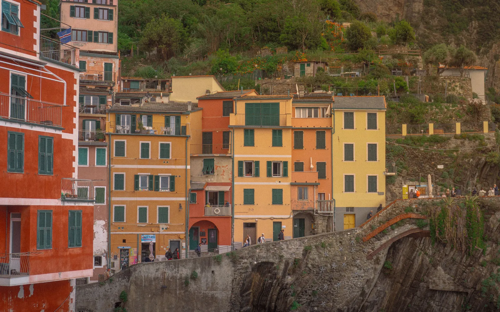 Tall pastel houses packed above the harbour in a Cinque Terre village, Italy