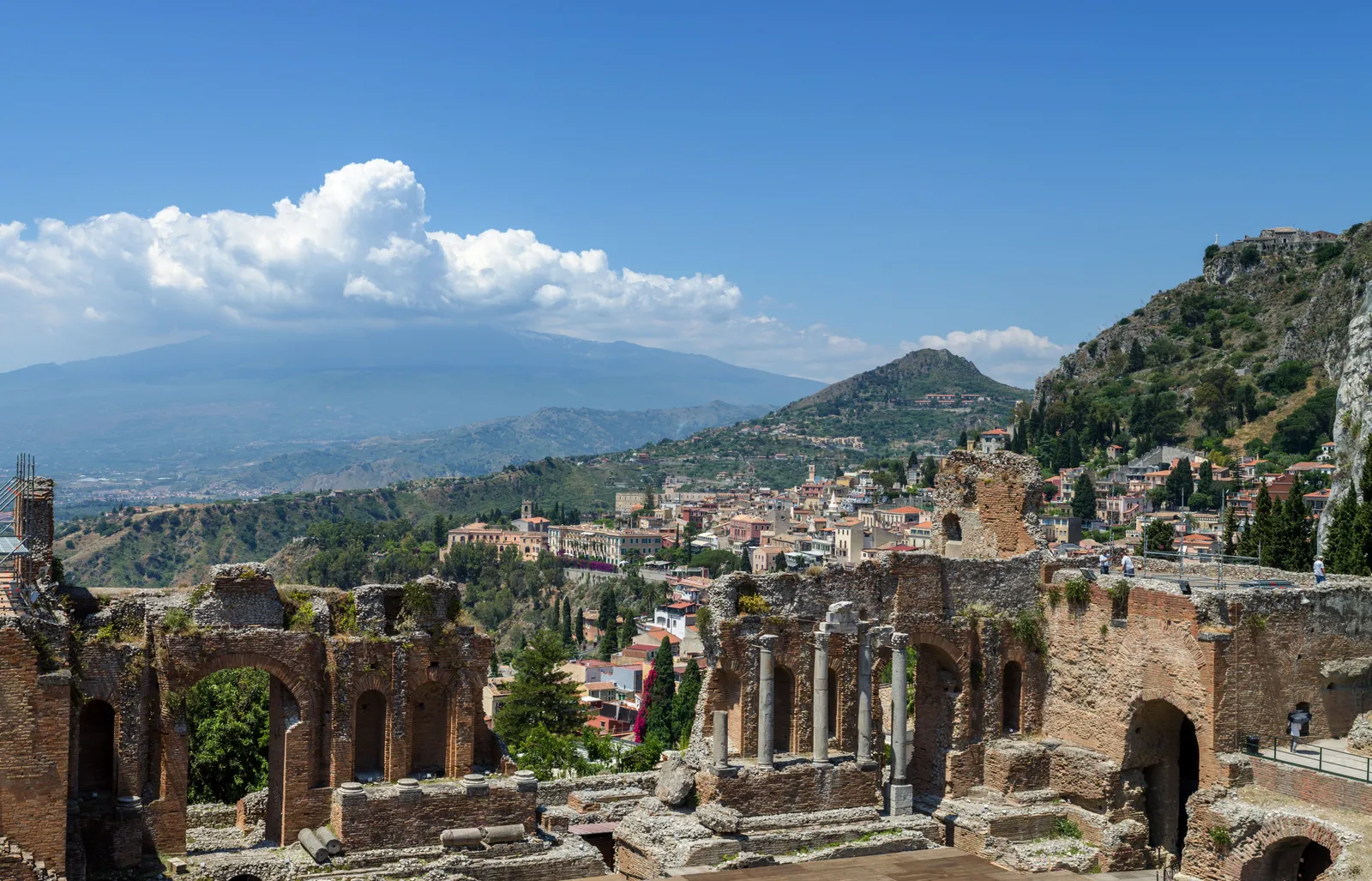The ancient Greek theatre of Taormina with Mount Etna rising in the distance