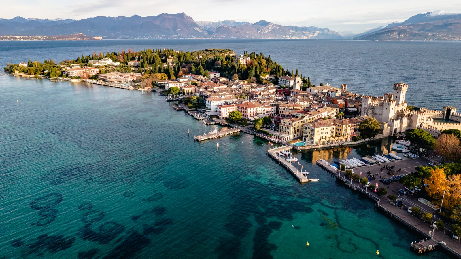 An aerial view of the town and peninsula of Sirmione on Lake Garda, Italy