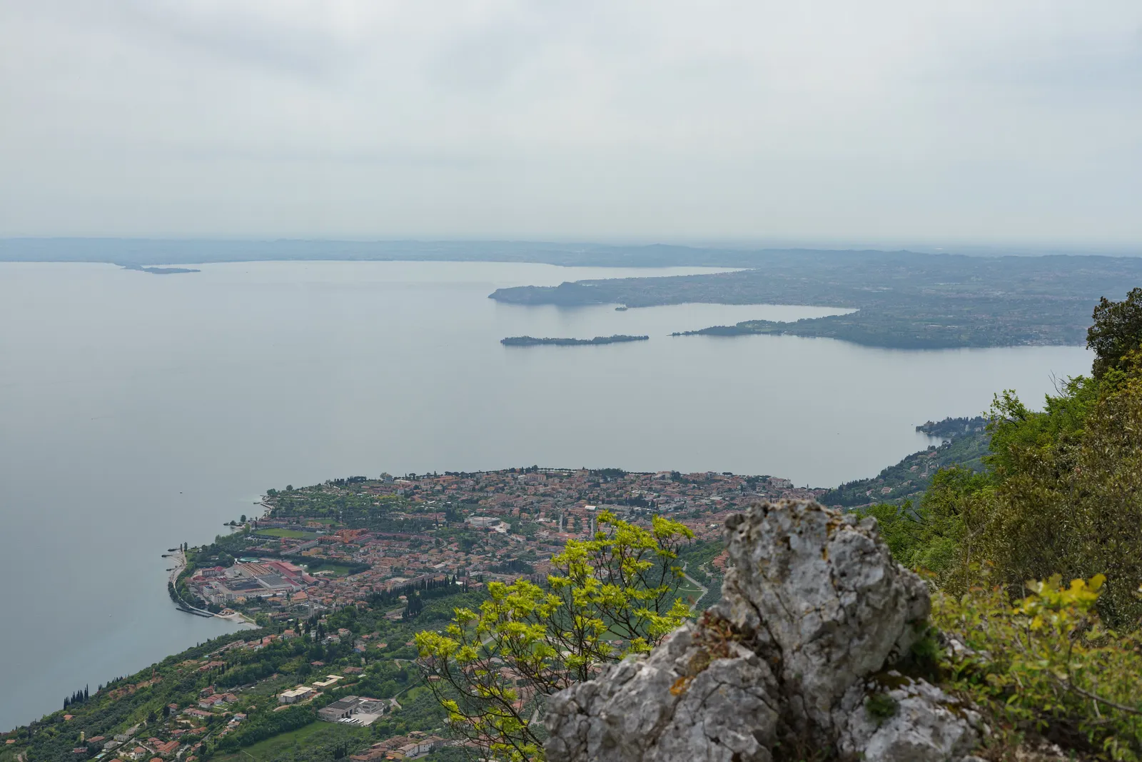 A view down Lake Garda from a high viewpoint on the shore, Italy