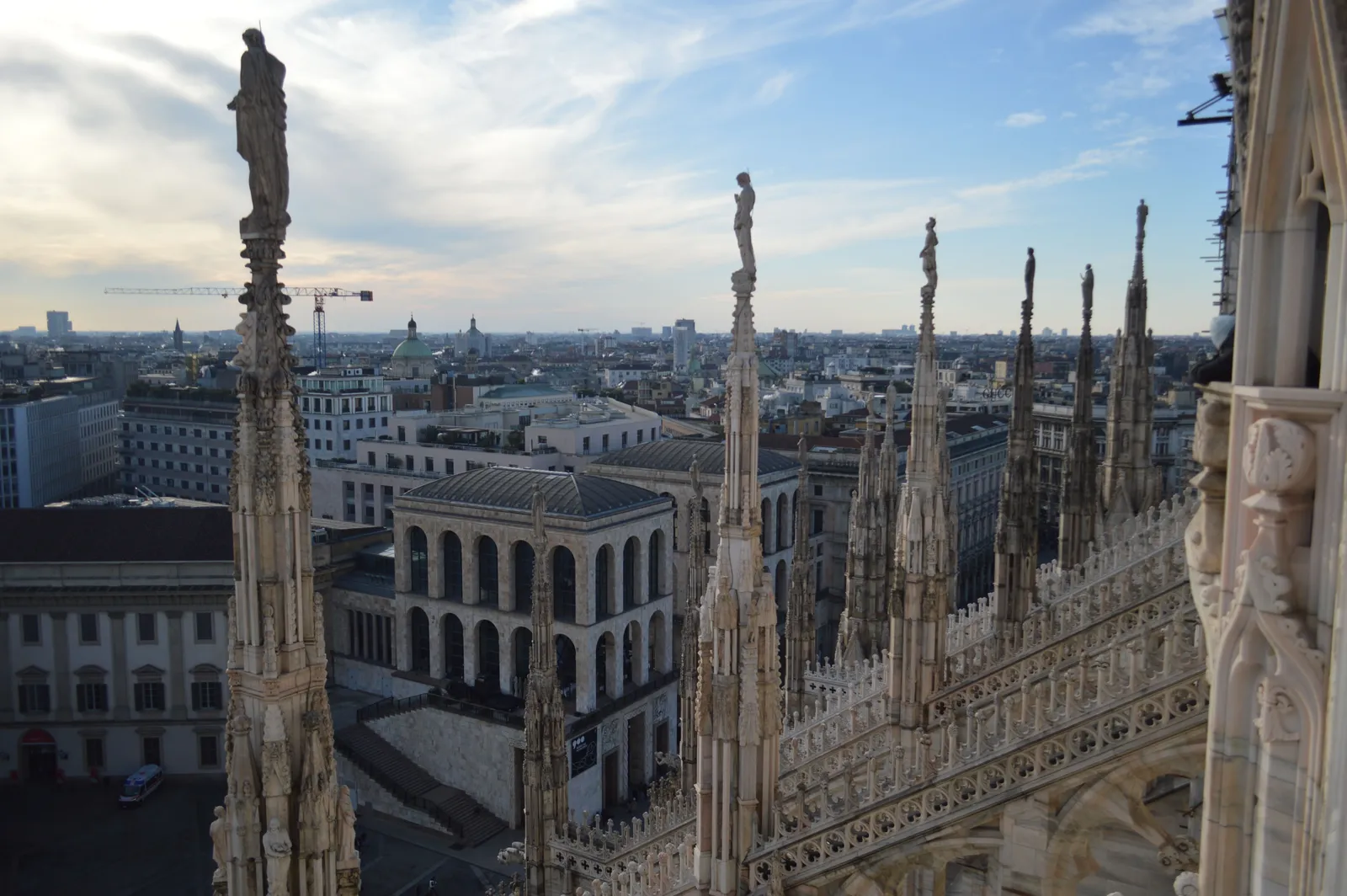 The marble spires and statues on the roof terraces of Milan cathedral, Italy
