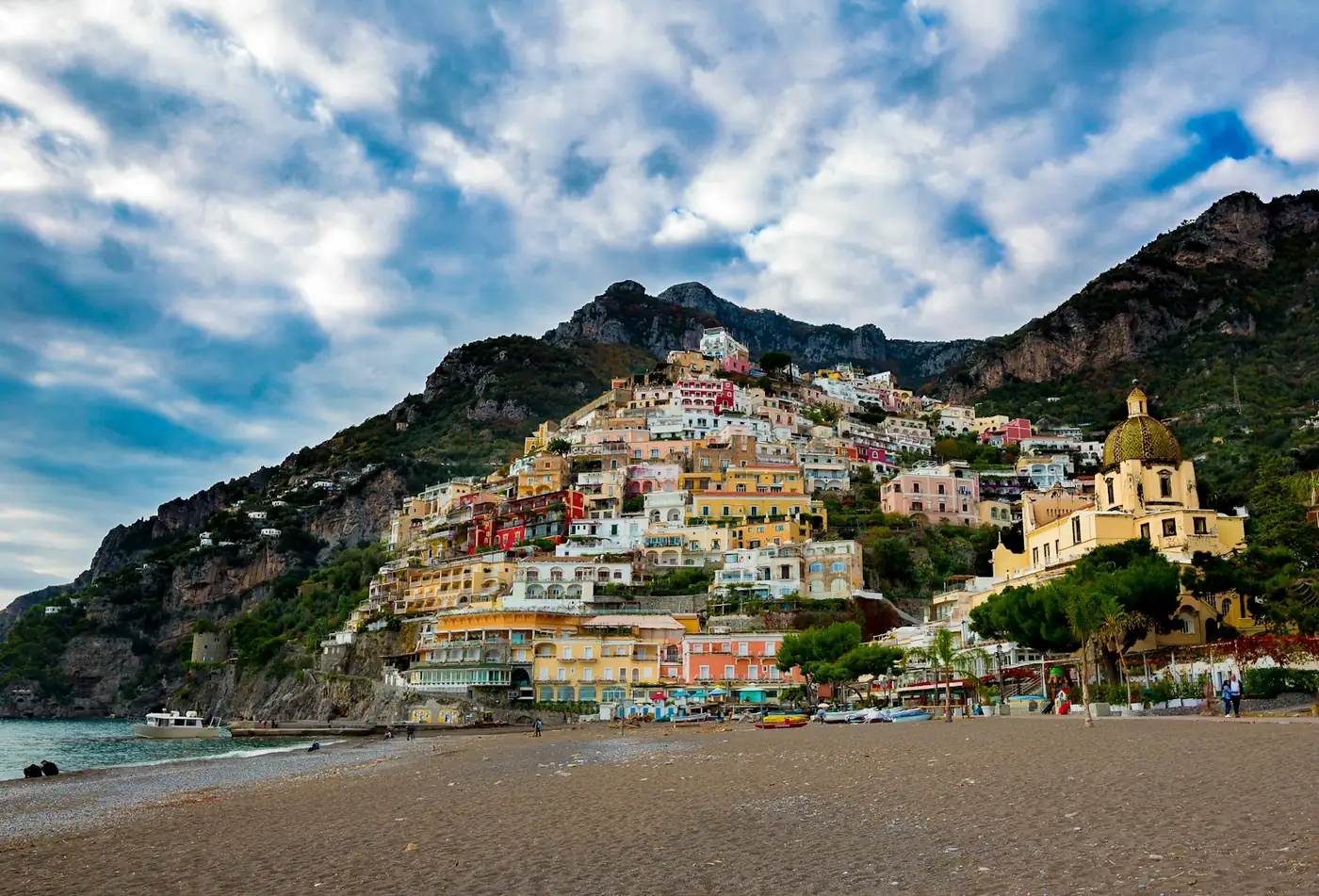 View of Positano rising up the hillside above the sea on the Amalfi Coast, Italy