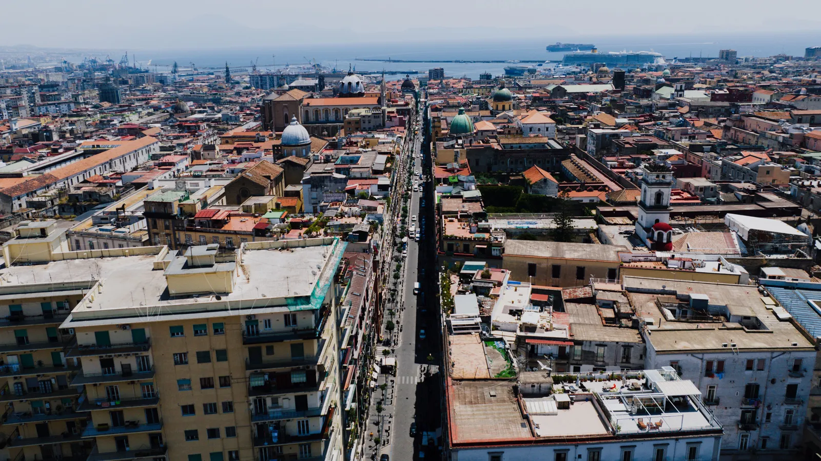 Dense rooftops and streets of the historic centre of Naples, Italy