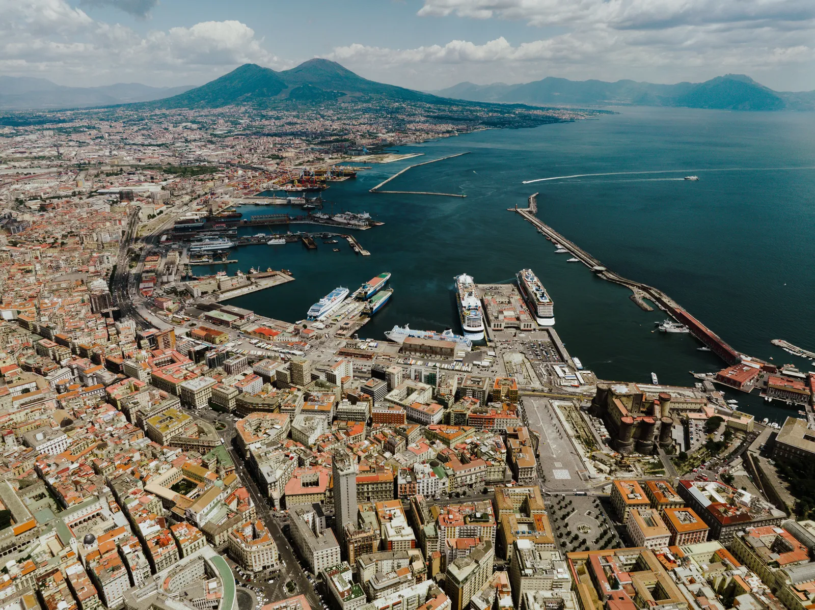 The bay of Naples with Vesuvius rising behind the city, Italy