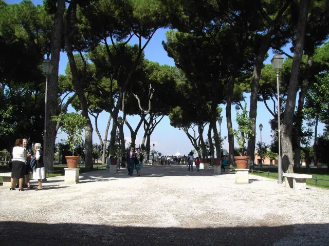 A shaded avenue of trees with benches and strollers in a public garden