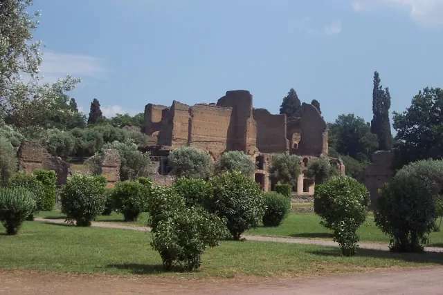 Vaulted brick ruins standing among grass and rounded shrubs