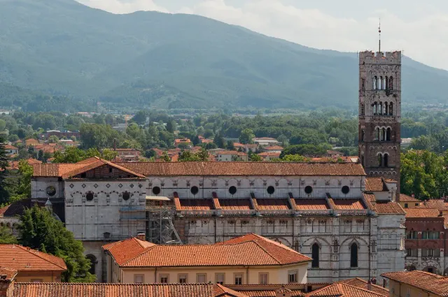 A view over red tiled roofs and a cathedral bell tower from above