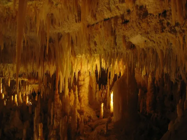 A vast cave chamber of stalactites and stalagmites in warm light