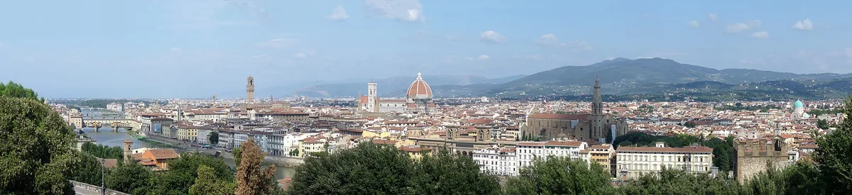 Panorama of a city of red tiled roofs with a large dome, a bell tower and hills behind