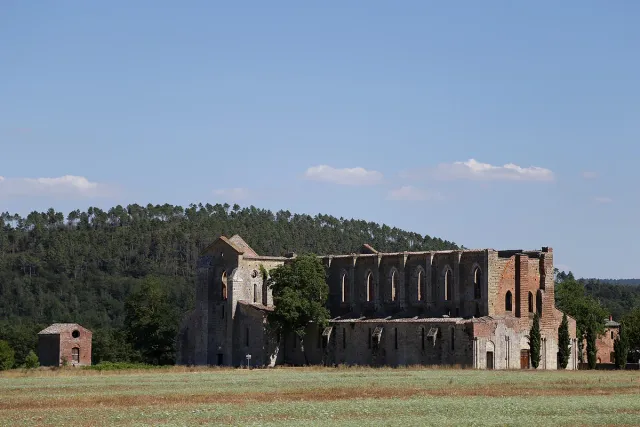 A roofless Gothic abbey with open arches in a green field