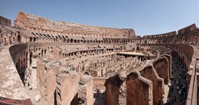 Tiers of arches and exposed passages inside an ancient arena