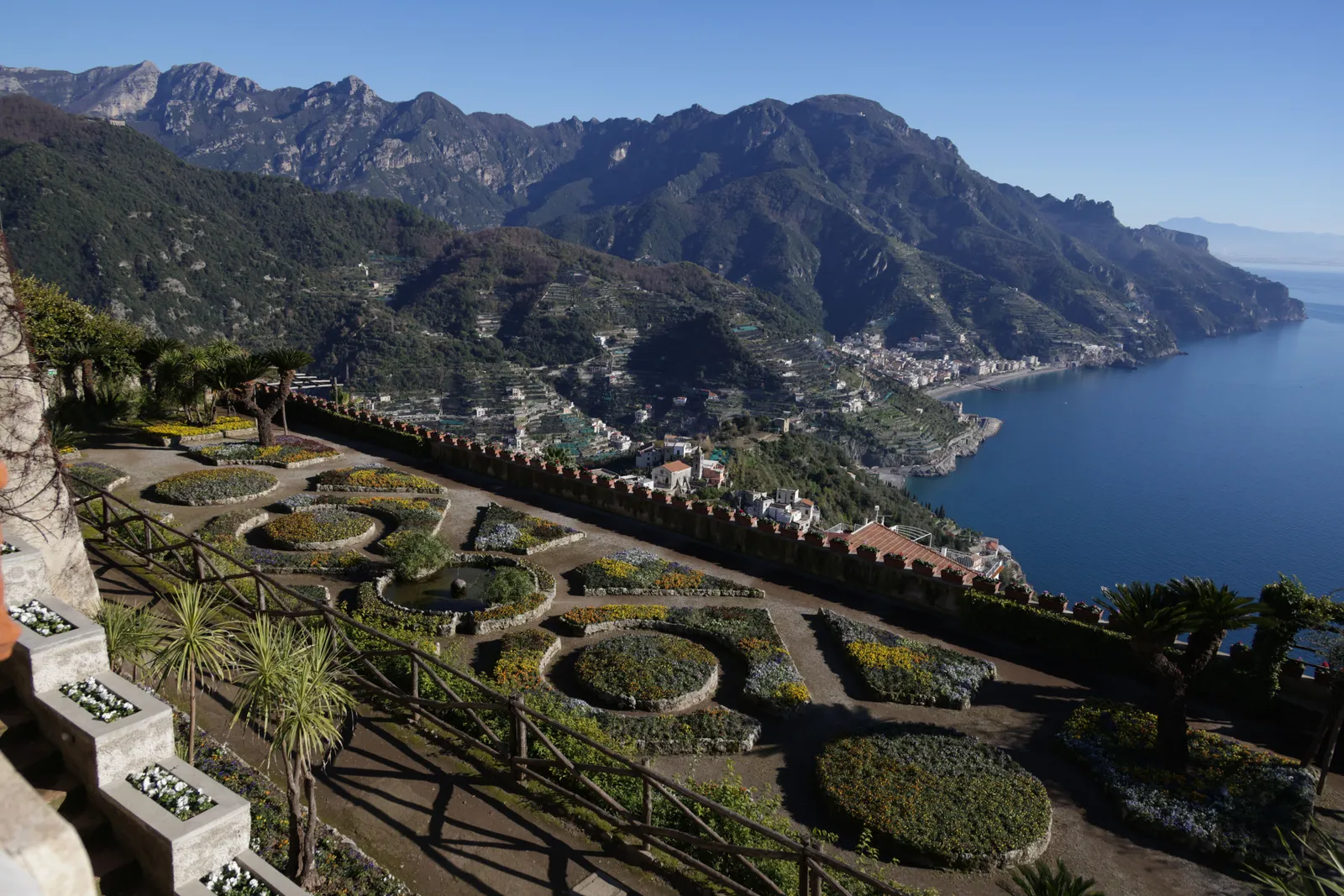 Terraced gardens looking down over the coast from Ravello, Italy