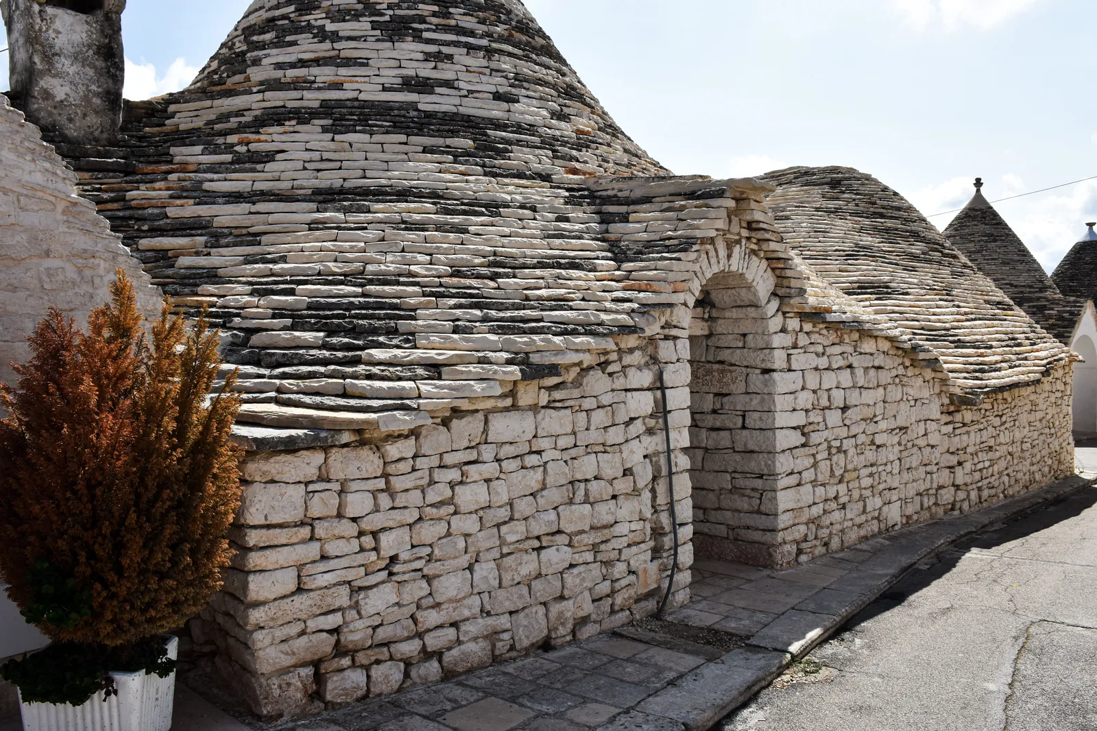 Trulli houses with conical stone roofs among gardens in Puglia, Italy