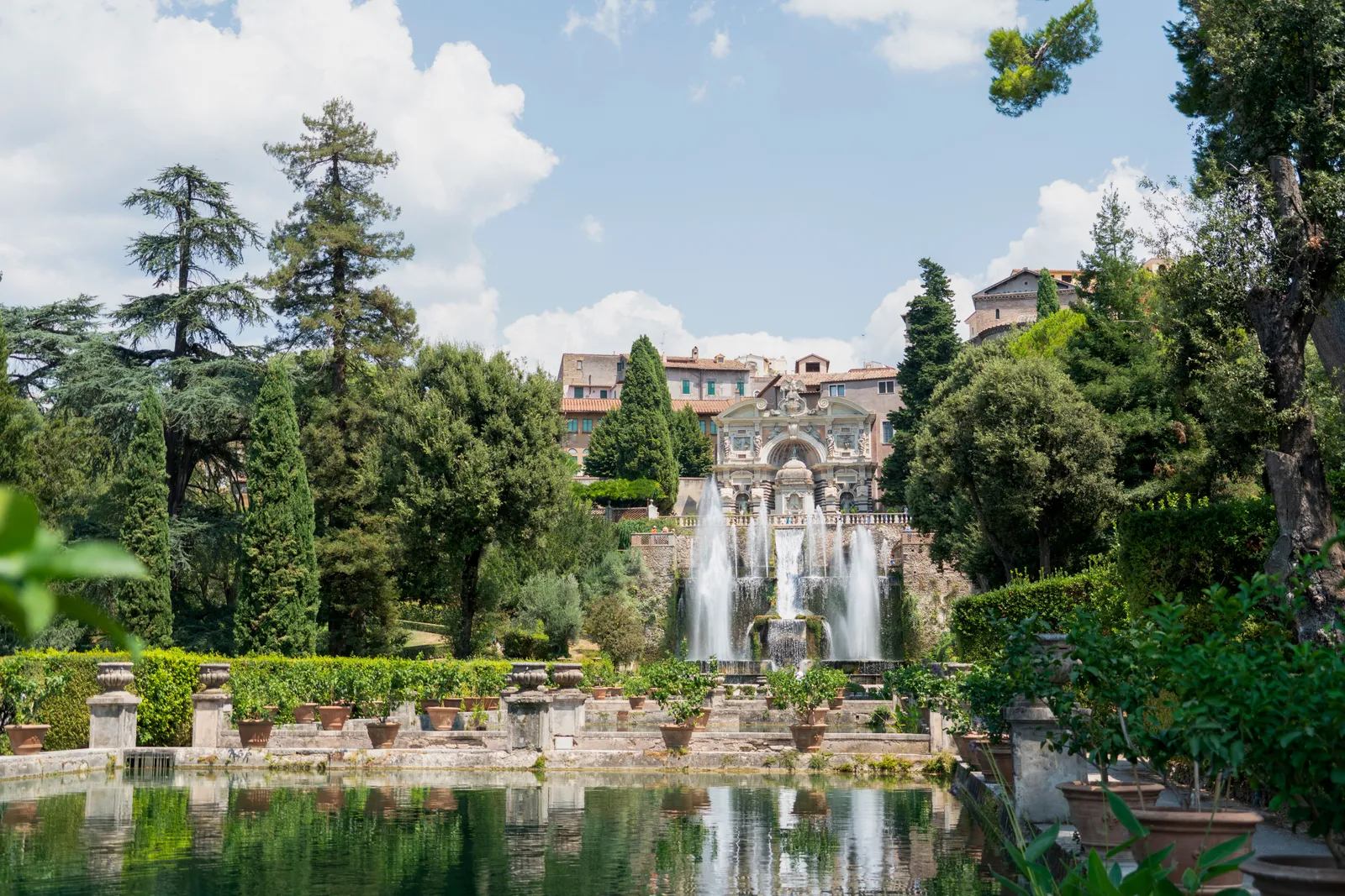 Terraced fountains and cypresses in the gardens of Villa d Este at Tivoli, Italy
