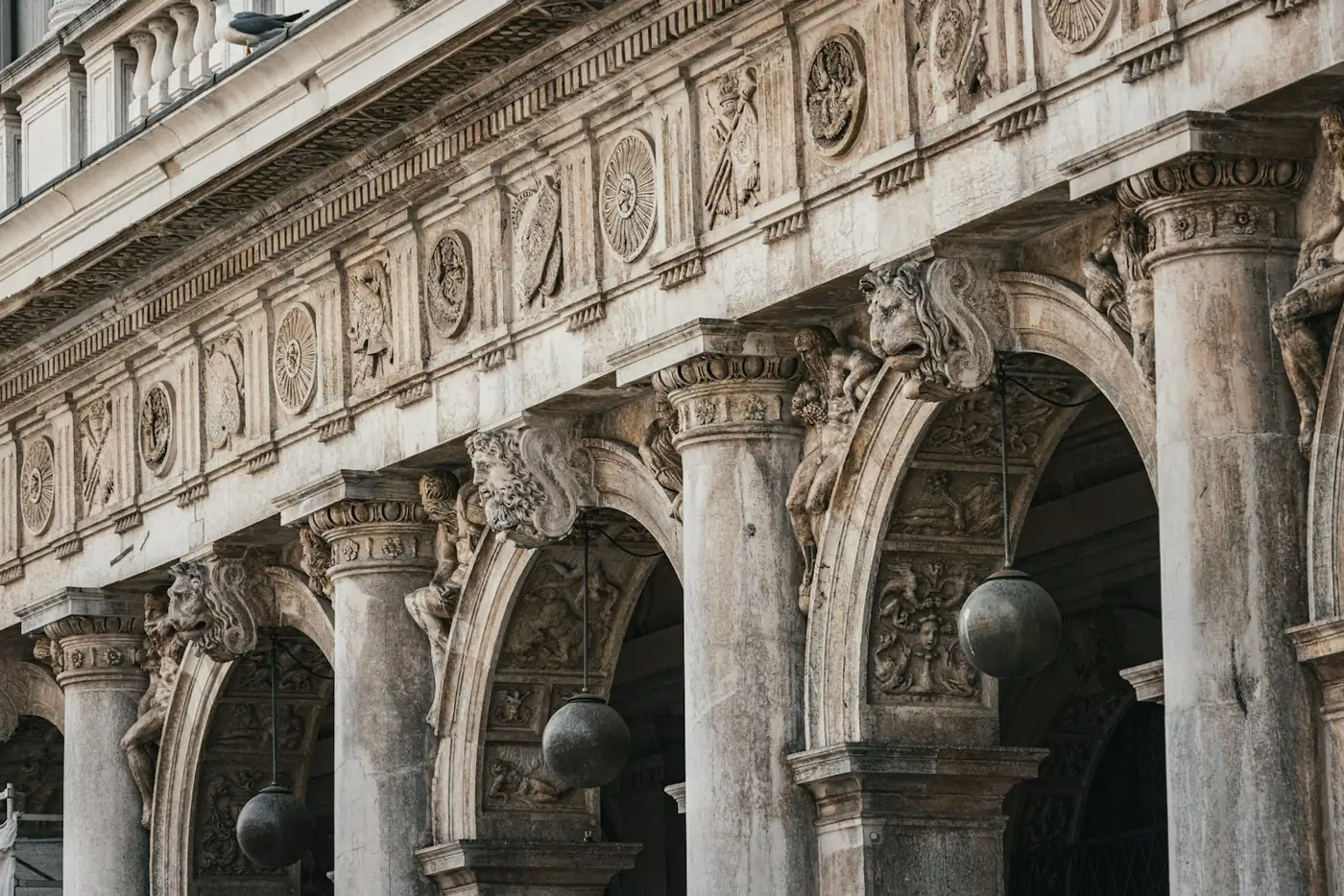 The arcaded facade of the Doge's Palace on the waterfront in Venice, Italy
