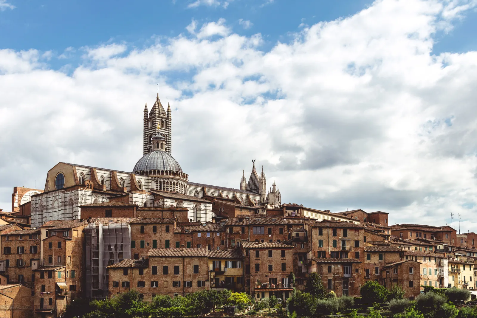 The skyline of Siena with its cathedral above the terracotta rooftops, Italy