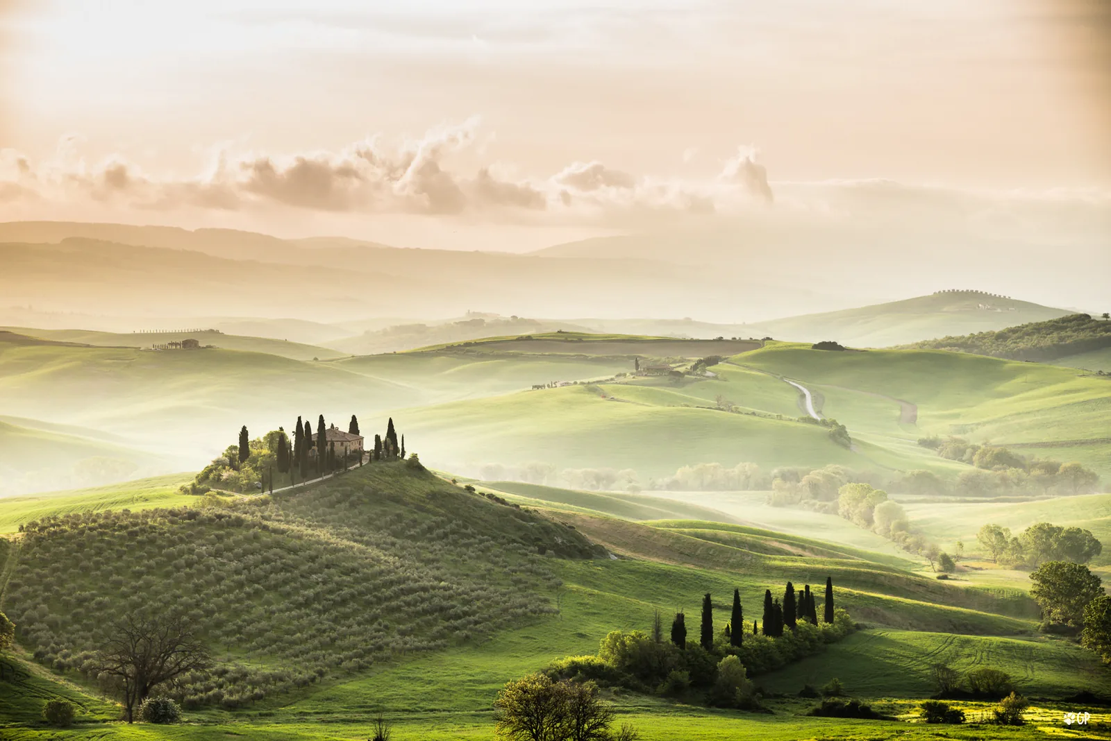 Rolling green hills with a farmhouse and cypress trees in Tuscany, Italy