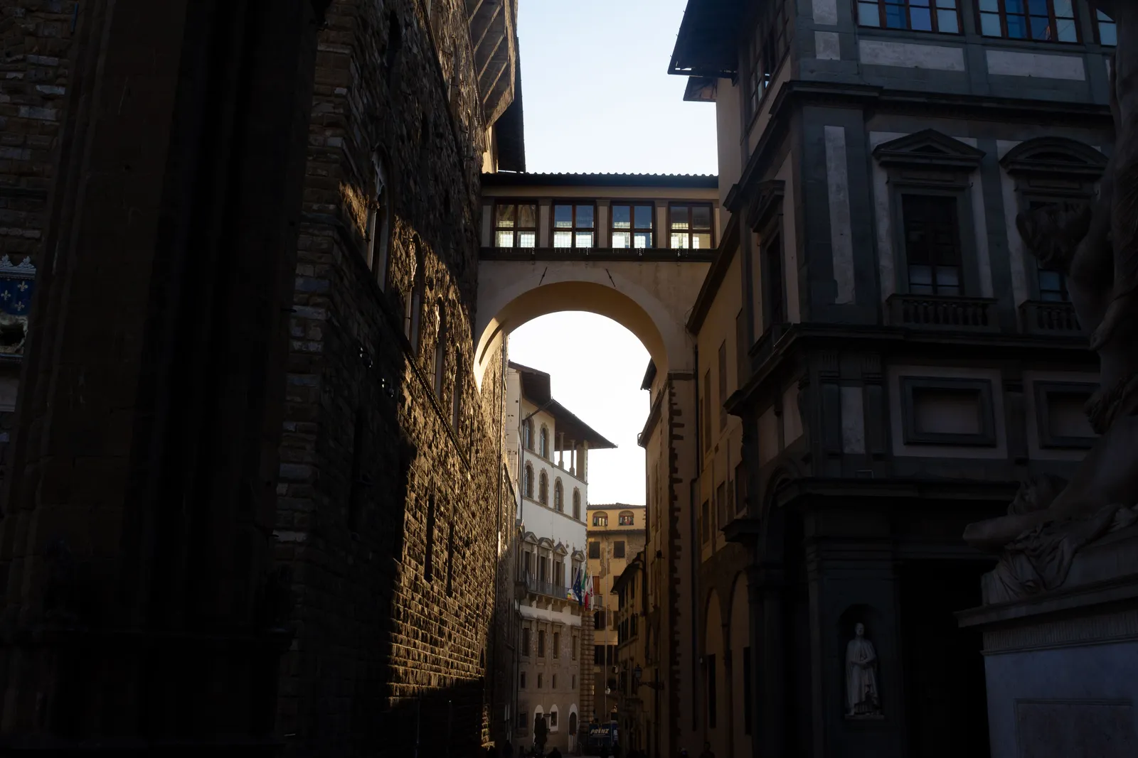 The arched courtyard of the Uffizi Gallery in Florence, Italy