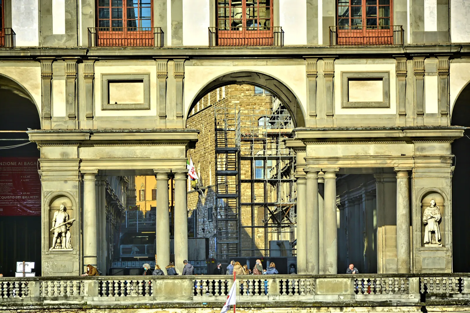 The exterior facade and statues of the Uffizi Gallery in Florence, Italy