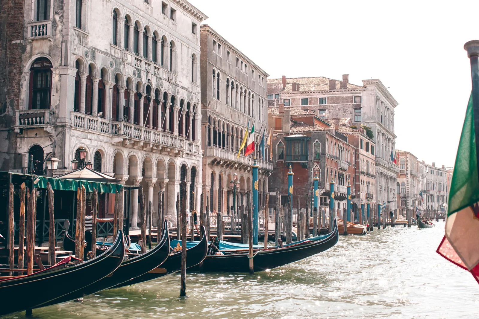 Palazzi and moored gondolas along the Grand Canal in Venice, Italy